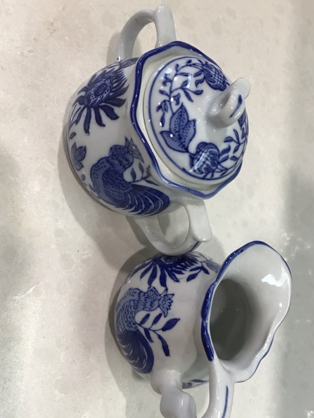 Vintage Chinese Porcelain Rooster Blue and White Creamer and Sugar Set